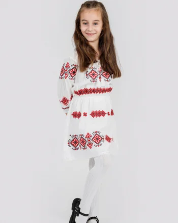 Rochie traditionala alba pentru fetite cu motiv geometric rosu Doris 02