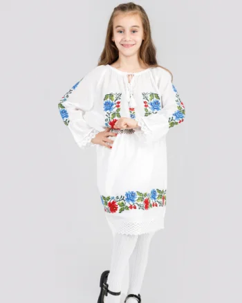 Compleu traditional alb pentru fetite cu motiv floral multicolor Florina
