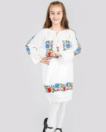 Compleu traditional alb pentru fetite cu motiv floral multicolor Florina