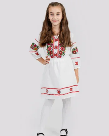 Rochie traditionala alba pentru fetite cu motiv floral multicolor Anais 01