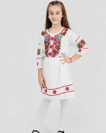 Rochie traditionala alba pentru fetite cu motiv floral multicolor Anais 02