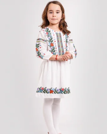 Rochie traditionala alba pentru fetite cu motiv floral multicolor Simona