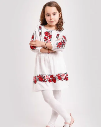 Rochie traditionala alba pentru fetite cu motiv floral rosu Mateea