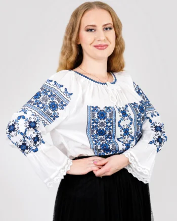 Ie traditionala alba cu motiv floral albastru Liana 05
