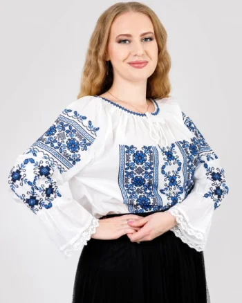 Ie traditionala alba cu motiv floral albastru Liana 05