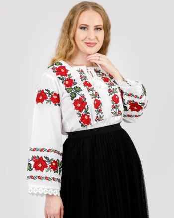 Bluza alba cu motiv floral rosu Georgiana