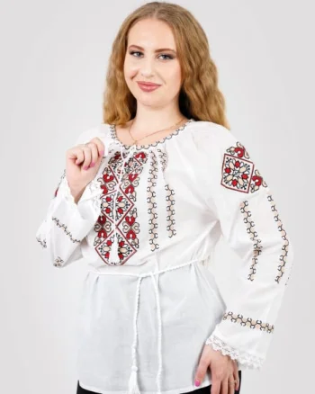 Ie traditionala alba cu motiv floral multicolor Natalia