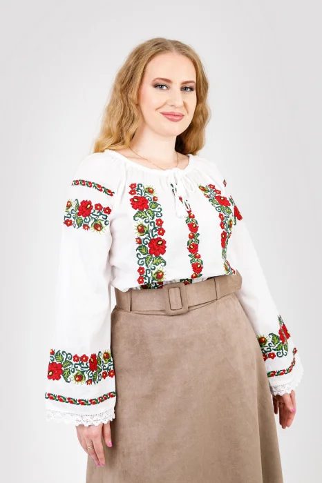 Ie traditionala alba cu motiv floral rosu Daniela