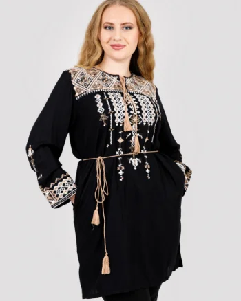 Bluza stil tunica neagra cu motiv geometric crem Matilda