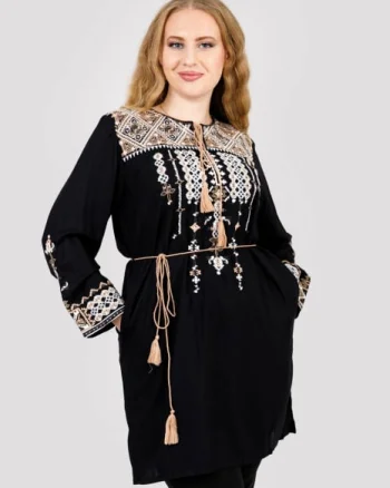 Bluza stil tunica neagra cu motiv geometric crem Matilda