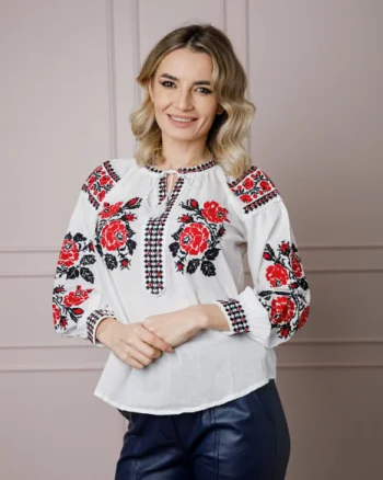 Bluza alba cu motiv floral rosu Angelina 01