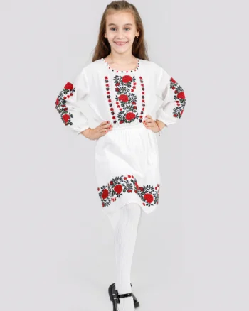 Rochie traditionala alba pentru fetite cu motiv floral rosu Maria