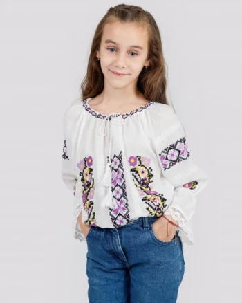 Ie traditionala alba pentru fetite cu motiv floral mov Marina