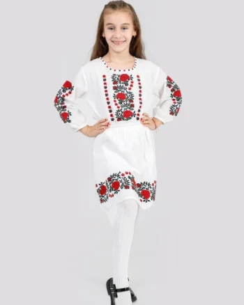 Rochie traditionala alba pentru fetite cu motiv floral rosu Maria