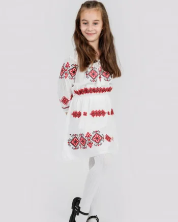 Rochie traditionala alba pentru fetite cu motiv geometric rosu Doris 02
