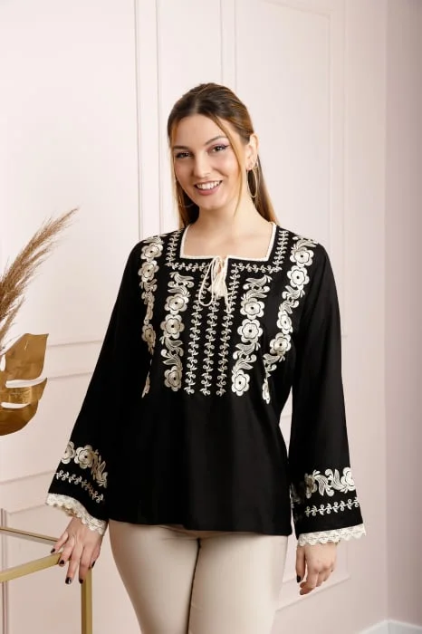 Bluza neagra cu motiv floral auriu Atena