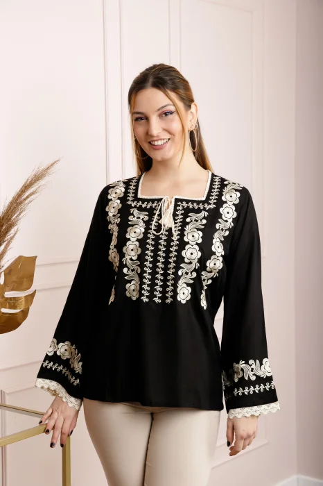 Bluza neagra cu motiv floral auriu Atena