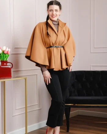 Poncho camel elegant cu curea in talie