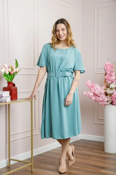 Rochie verde mint cu maneci scurte si centura in talie