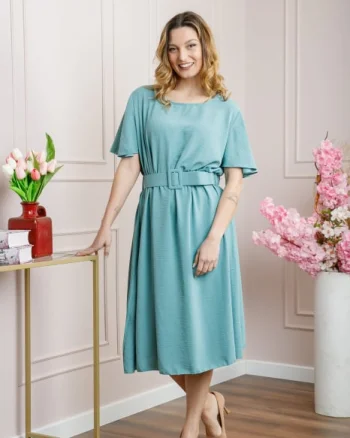 Rochie verde mint cu maneci scurte si centura in talie
