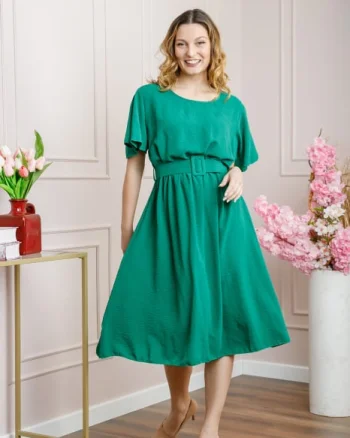 Rochie verde smarald cu maneci scurte si centura in talie