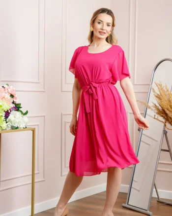 Rochie ciclam din voal cu cordon in talie