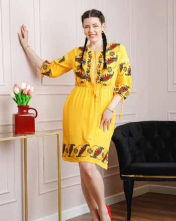 Rochie traditionala galbena cu motiv floral multicolor Afrodita 04