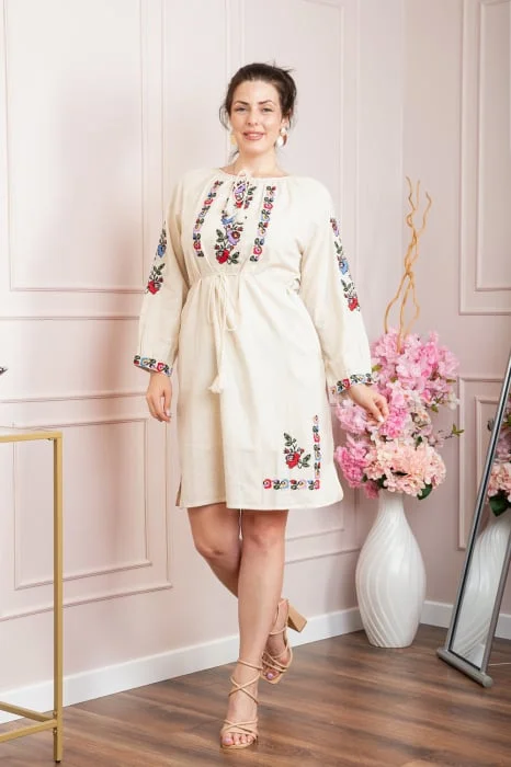 Rochie traditionala crem cu motiv floral multicolor Laura