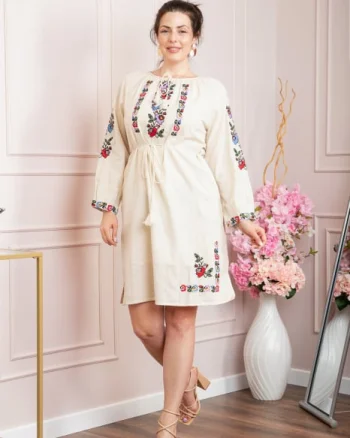 Rochie traditionala crem cu motiv floral multicolor Laura