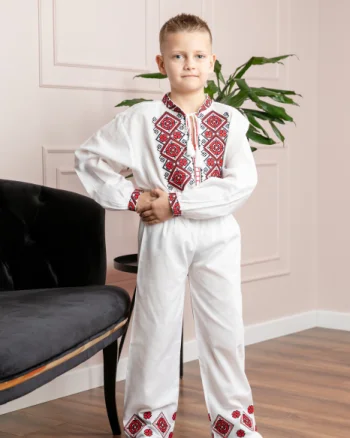 Compleu traditional alb pentru baieti cu motiv geometric rosu Radu