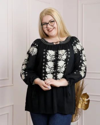 Ie traditionala neagra cu motiv floral auriu Nicola 01