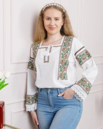 Bluza alba cu motiv floral crem Clementina