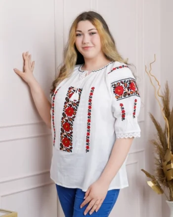 Ie traditionala alba cu motiv floral rosu Mihaela 03