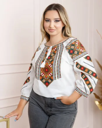 Ie traditionala alba cu motiv geometric multicolor Diana