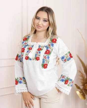 Bluza alba cu motiv floral rosu Adina 01 - maneca lunga