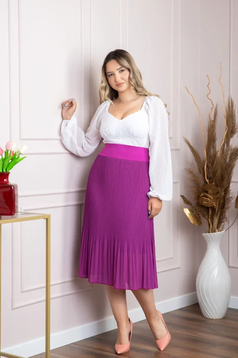 Fusta plisata fuchsia din voal cu elastic in talie