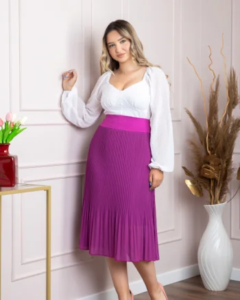 Fusta plisata fuchsia din voal cu elastic in talie