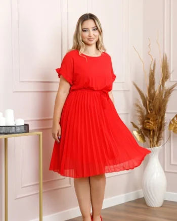 Rochie plisata rosie cu cordon in talie