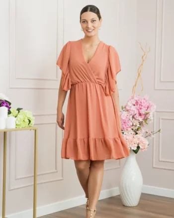 Rochie orange piersica cu volane si maneci fluture