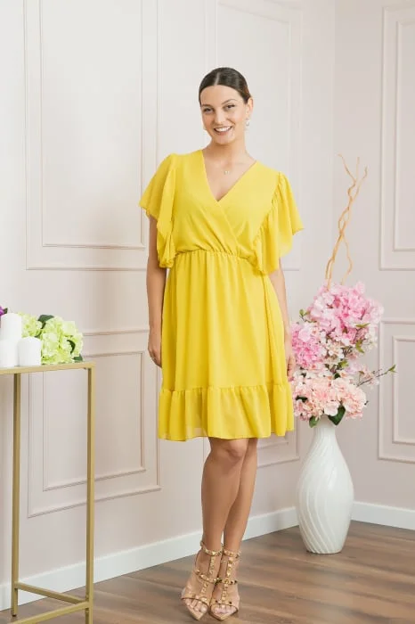 Rochie galbena cu volane si maneci fluture