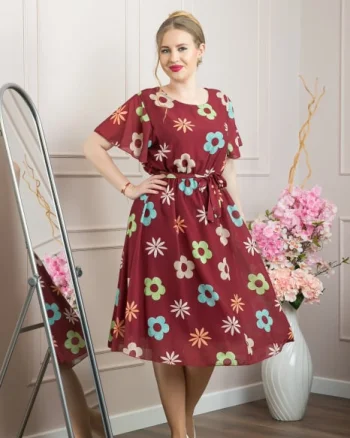 Rochie grena cu imprimeu floral si maneci fluture