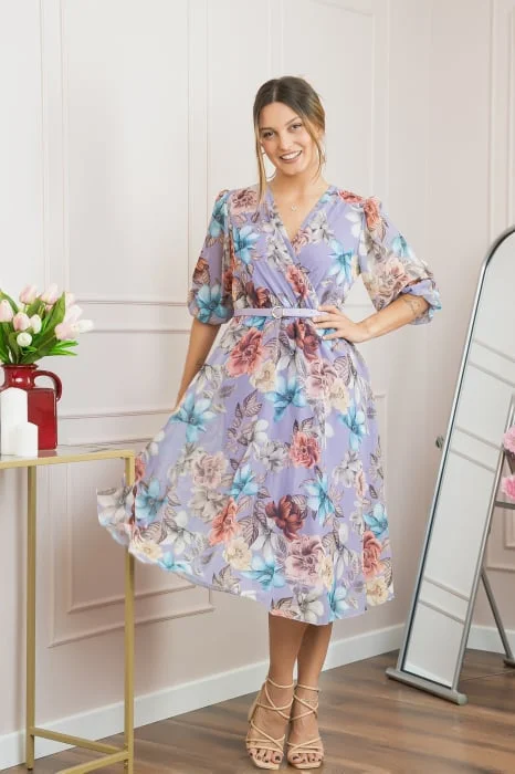 Rochie lila din voal cu imprimeu floral si curea ajustabila