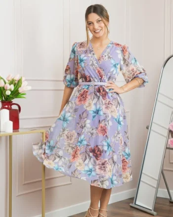 Rochie lila din voal cu imprimeu floral si curea ajustabila