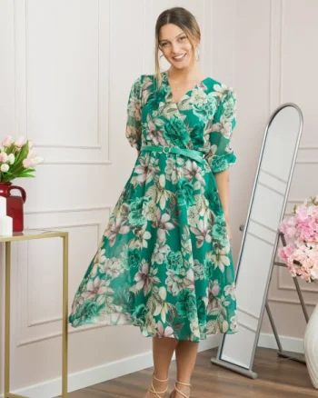 Rochie verde smarald din voal cu imprimeu floral si curea ajustabila