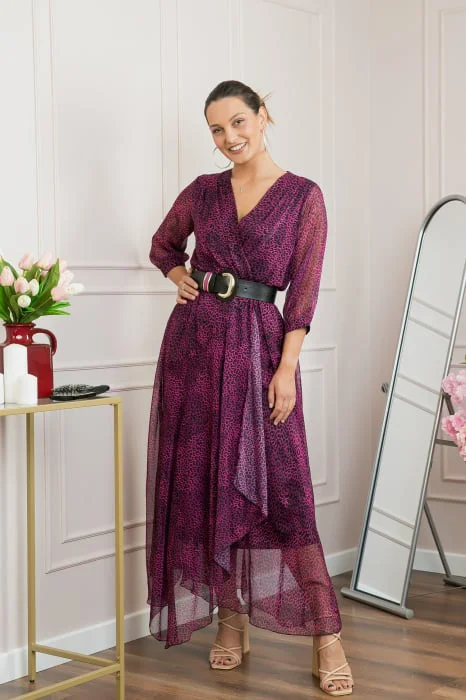 Rochie lunga eleganta cu animal print fuchsia si centura in talie