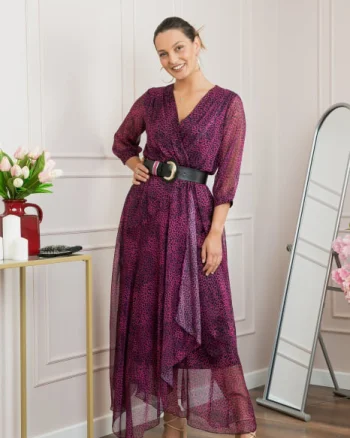 Rochie lunga eleganta cu animal print fuchsia si centura in talie