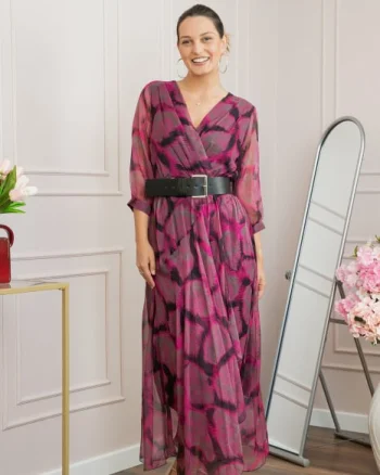 Rochie lunga eleganta cu animal print ciclam si centura in talie