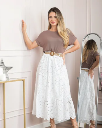 Fusta alba boho chic cu perforatii si curea in talie