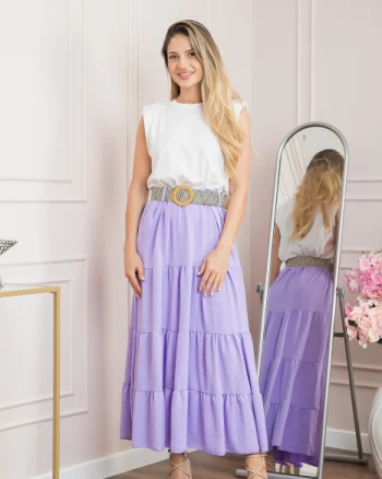 Fusta lila boho chic cu volane si curea in talie