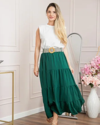 Fusta verde boho chic cu volane si curea in talie